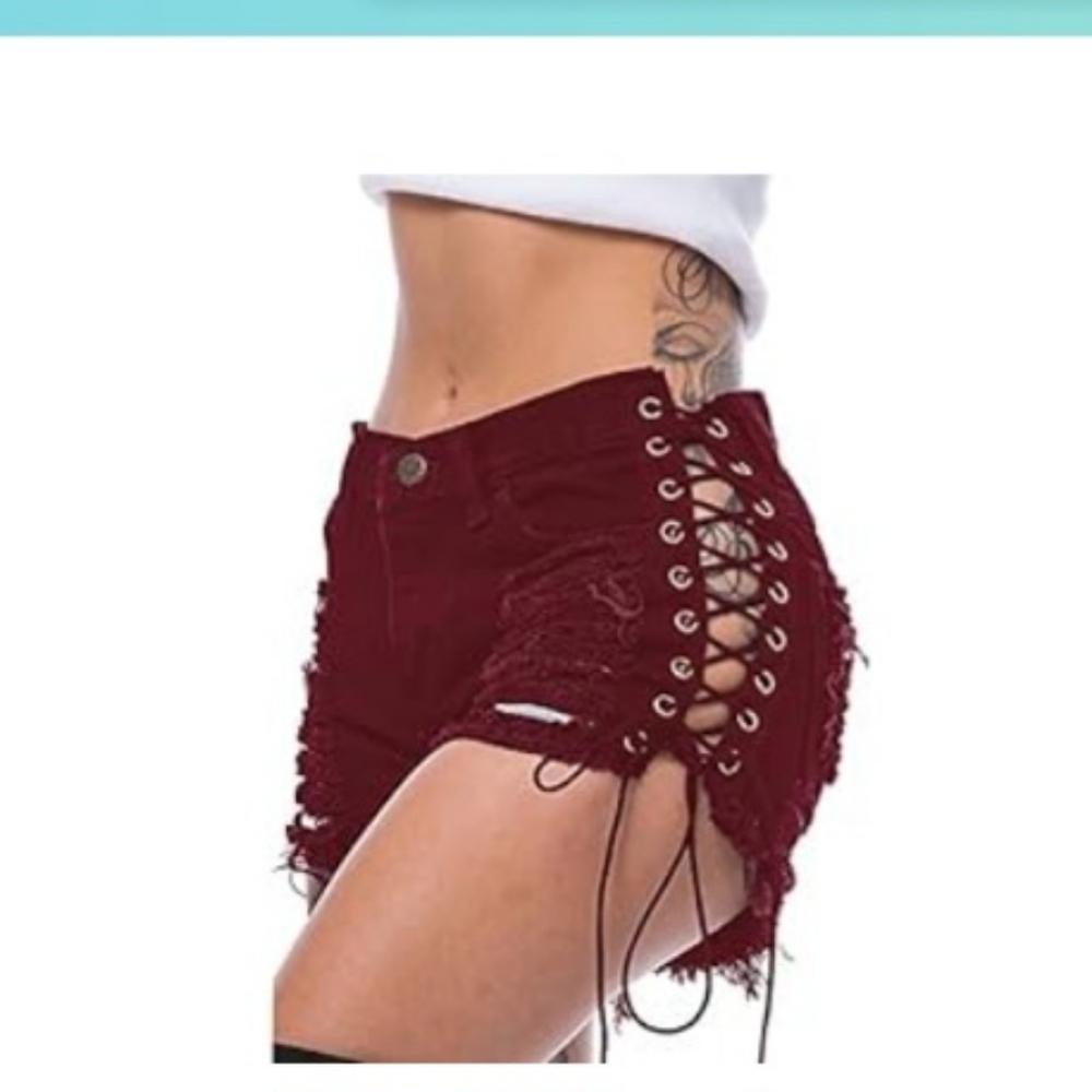 Denim Lace Up Distressed Shorts